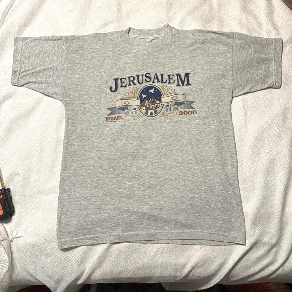 Jerusalem, Israel, 2000 gray and blue, medium T-shirt